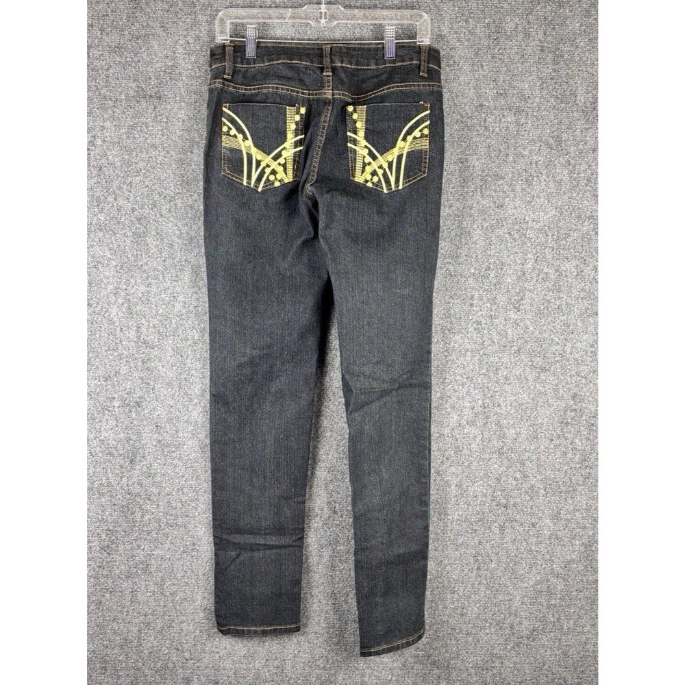 Cara Jeans Womens 7/8 Skinny Jeans Dark Wash Yellow Embroidered Pockets Y2K